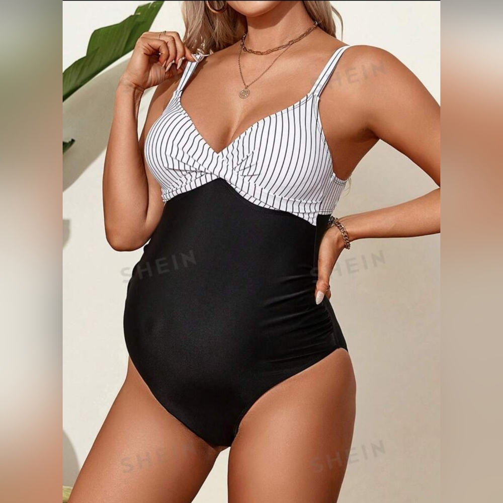 NWT! SHEIN Maternity Striped Twist Strap One-Piece Swimsuit